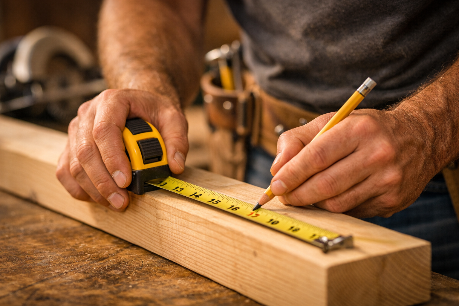 Craftsman measuring lumber