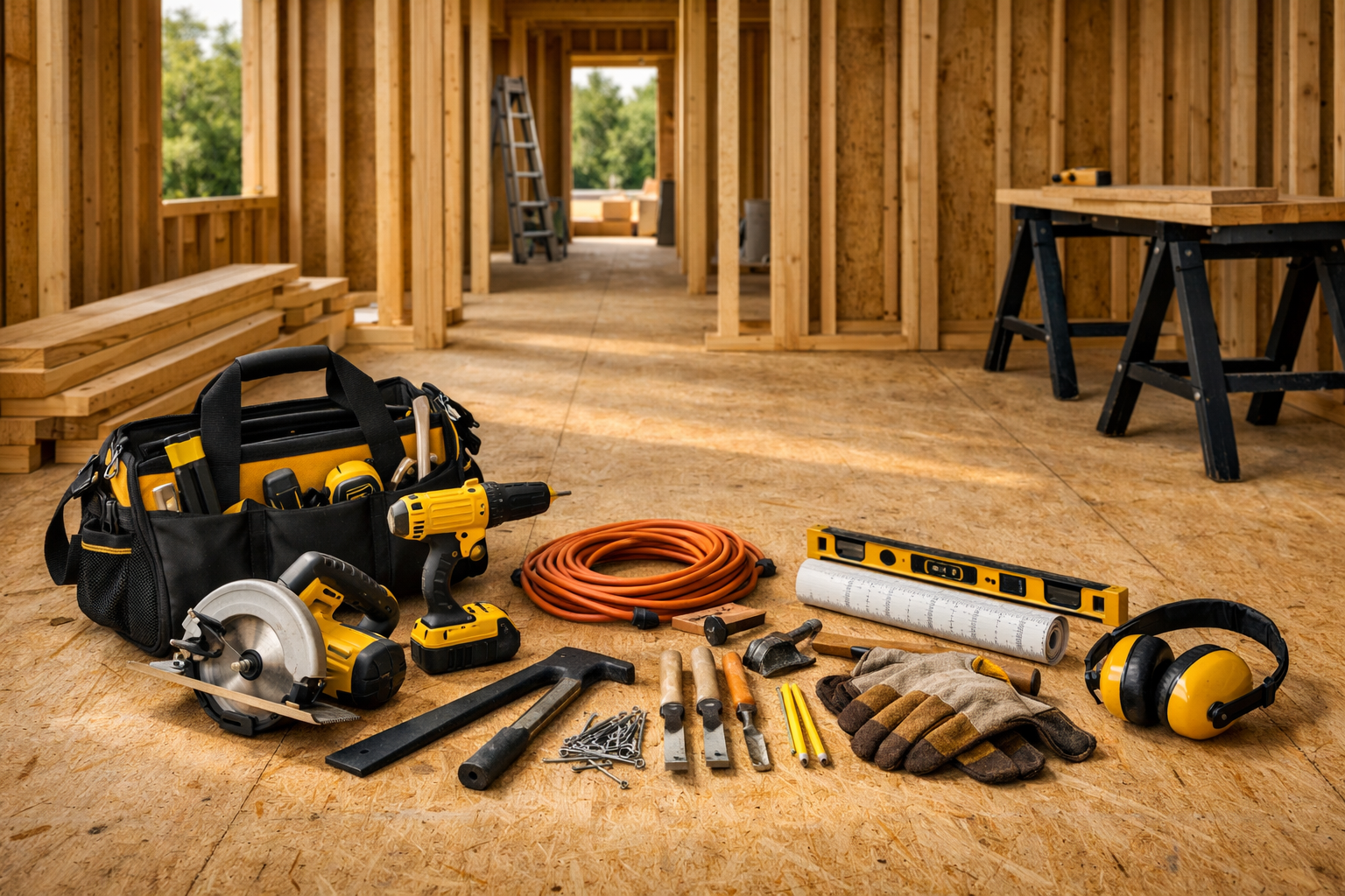 Construction tools on job site